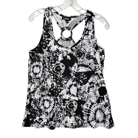 A. Byer Ruffled Blouse Size Medium Black and White Racer Back - Picture 2 of 9